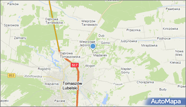 mapa Majdanek, Majdanek gmina Tomaszów Lubelski na mapie Targeo